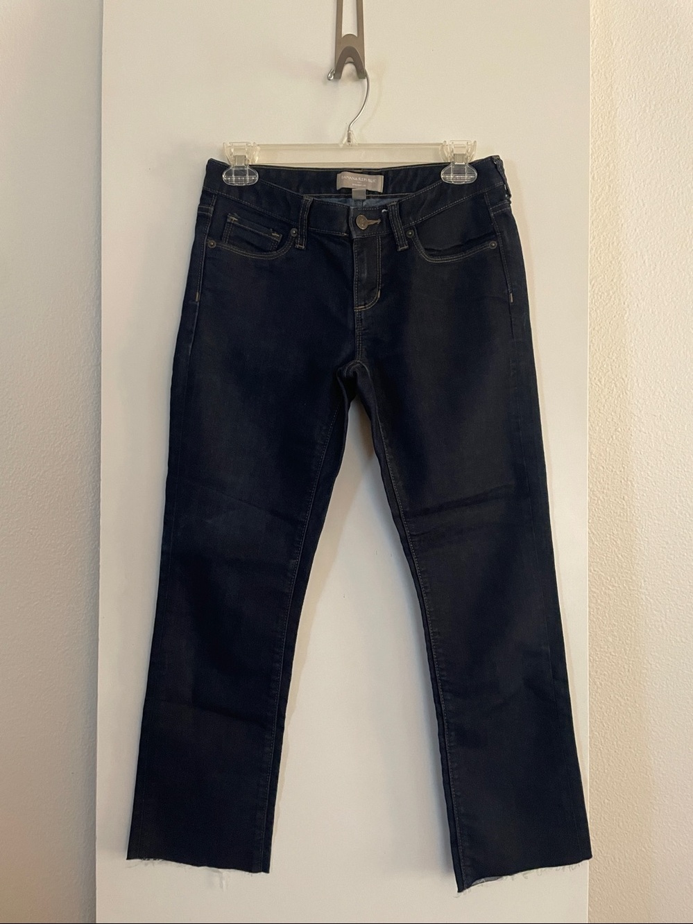 Banana Republic Cotton Dark Denim Straight Leg Mid Rise Jeans Pants Raw Hem